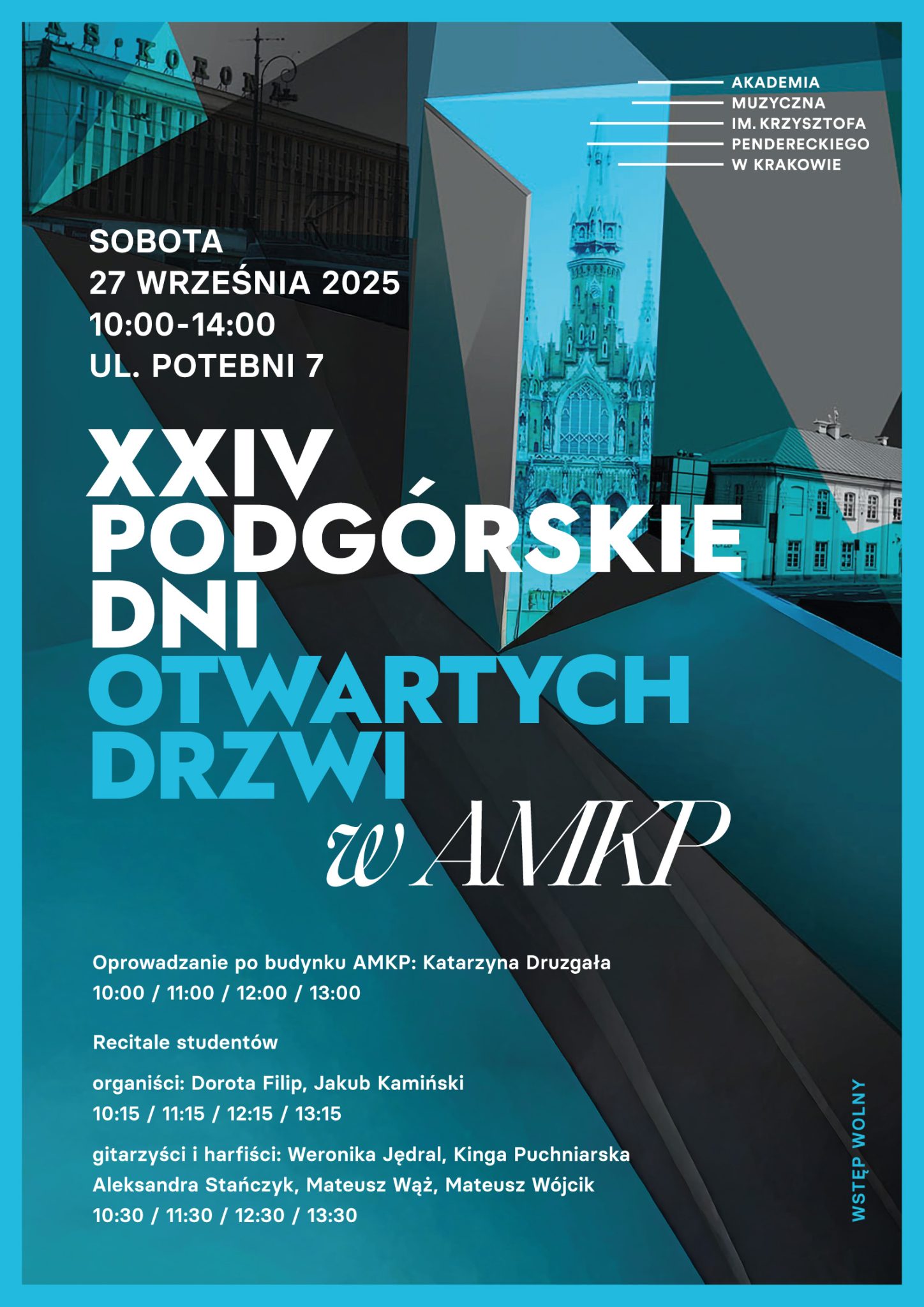 Plakat informujący o udziale AMKP w XXIV Podgórskich Dniach Otwartych Drzwi i możliwości bezpłatnego odwiedzenia budynku dydaktycznego przy ul. Potebni 7 między 10 a 14 oraz posłuchania minirecitali organowych, gitarowych i harfowych w dniu 27 września 2025 roku. W tle plakatu budynek KS. KORONA oraz kościół św. Józefa na Rynku Podgórskim.